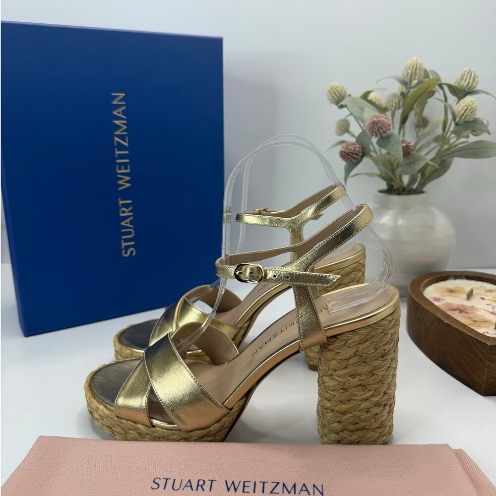 Stuart Weitzman Dayna Metallic Leather Platform Sandal Gold Women's 8.5B